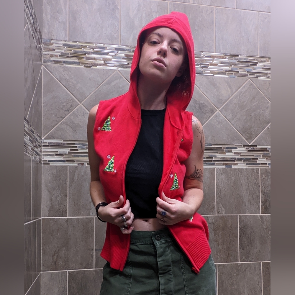 Red Christmas Beaded Hooded Vest